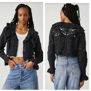 Free People Avery Cropped Crochet Flared Cardi Cardigan in Black Size S NWT